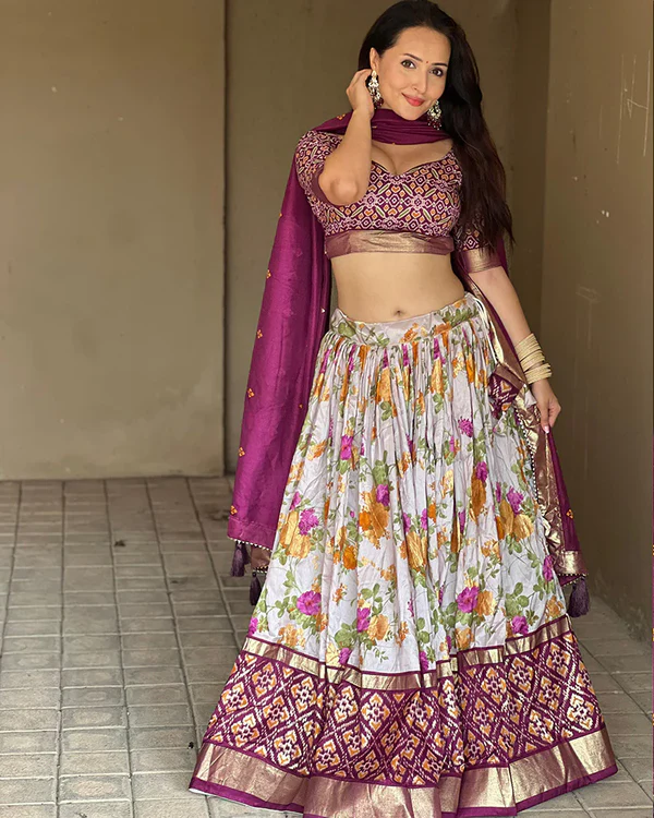 Wine Color Tussar Silk Floral And Patola Printed Lehenga Choli.