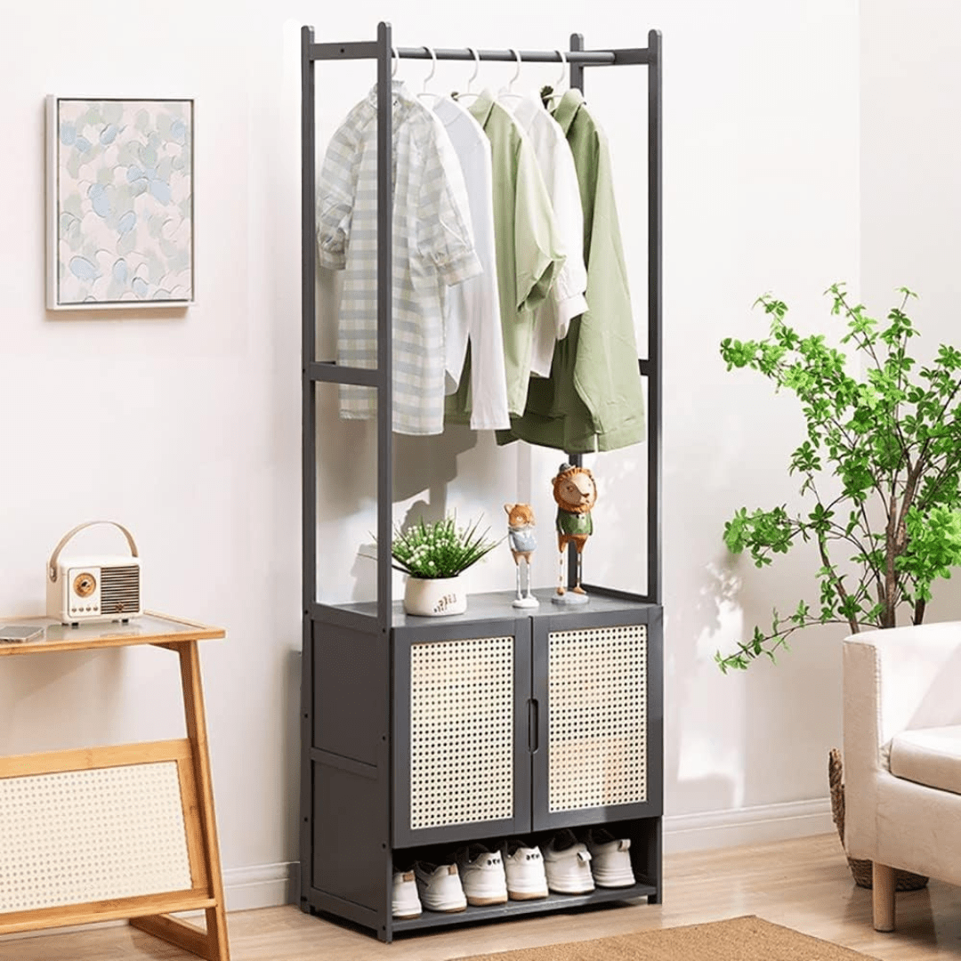 Multi-Purpose Bamboo Wood Clothing Rack Organizer with Shoe Rack (62cm)