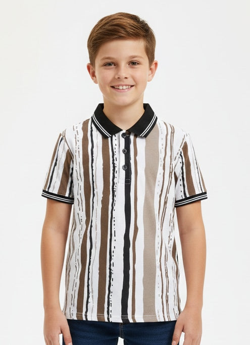 Boys Multicolor Abstract Vertical Striped Polo Neck T-Shirt