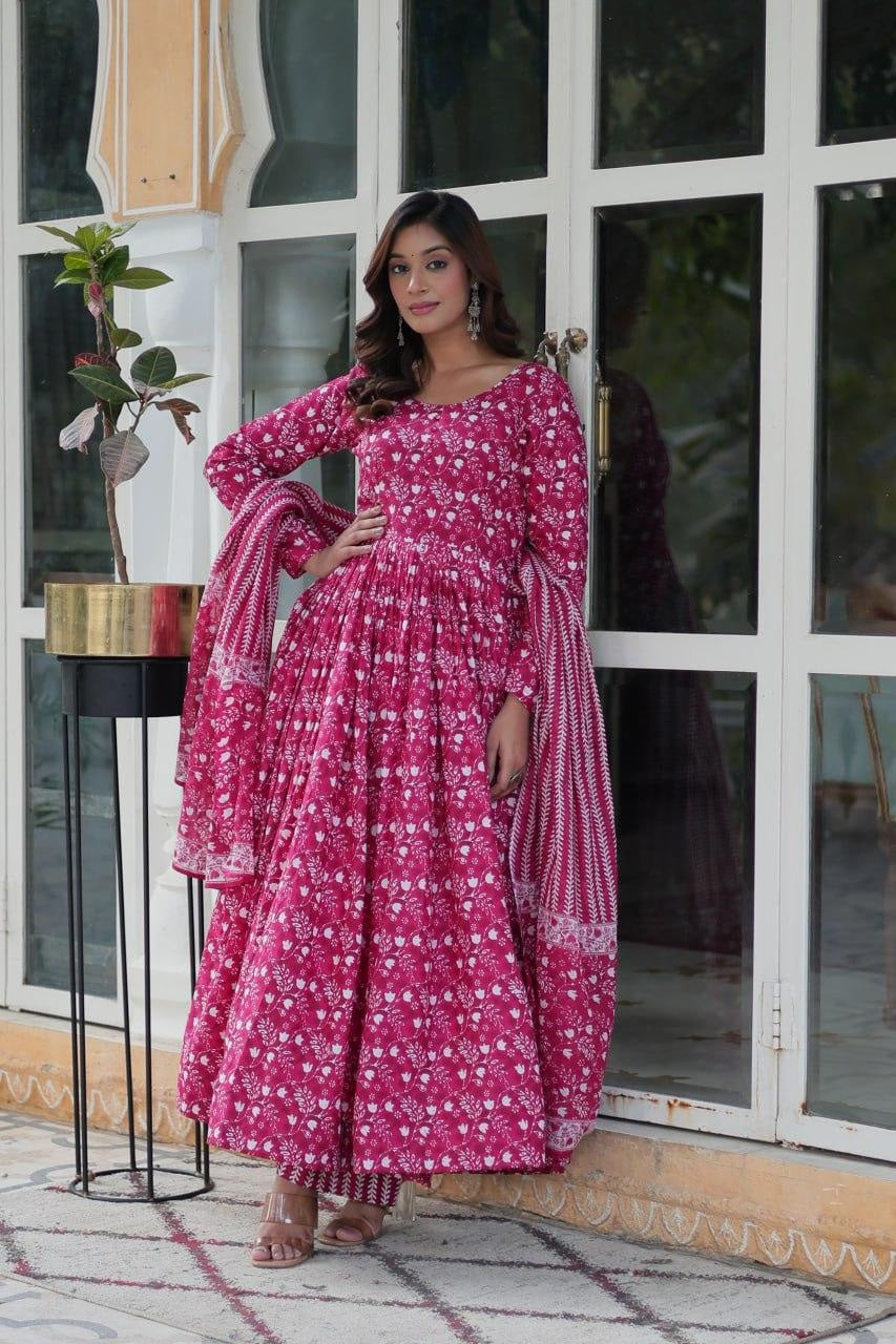 Pink Pure Cotton Readymade Kurti With Pant Dupatta Set