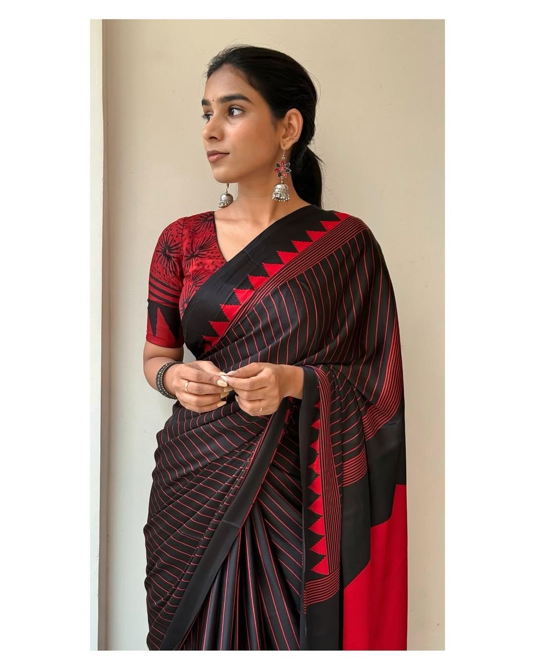 Black Red Line Ajrakh Primum Modal Silk Saree With Blouse For Women