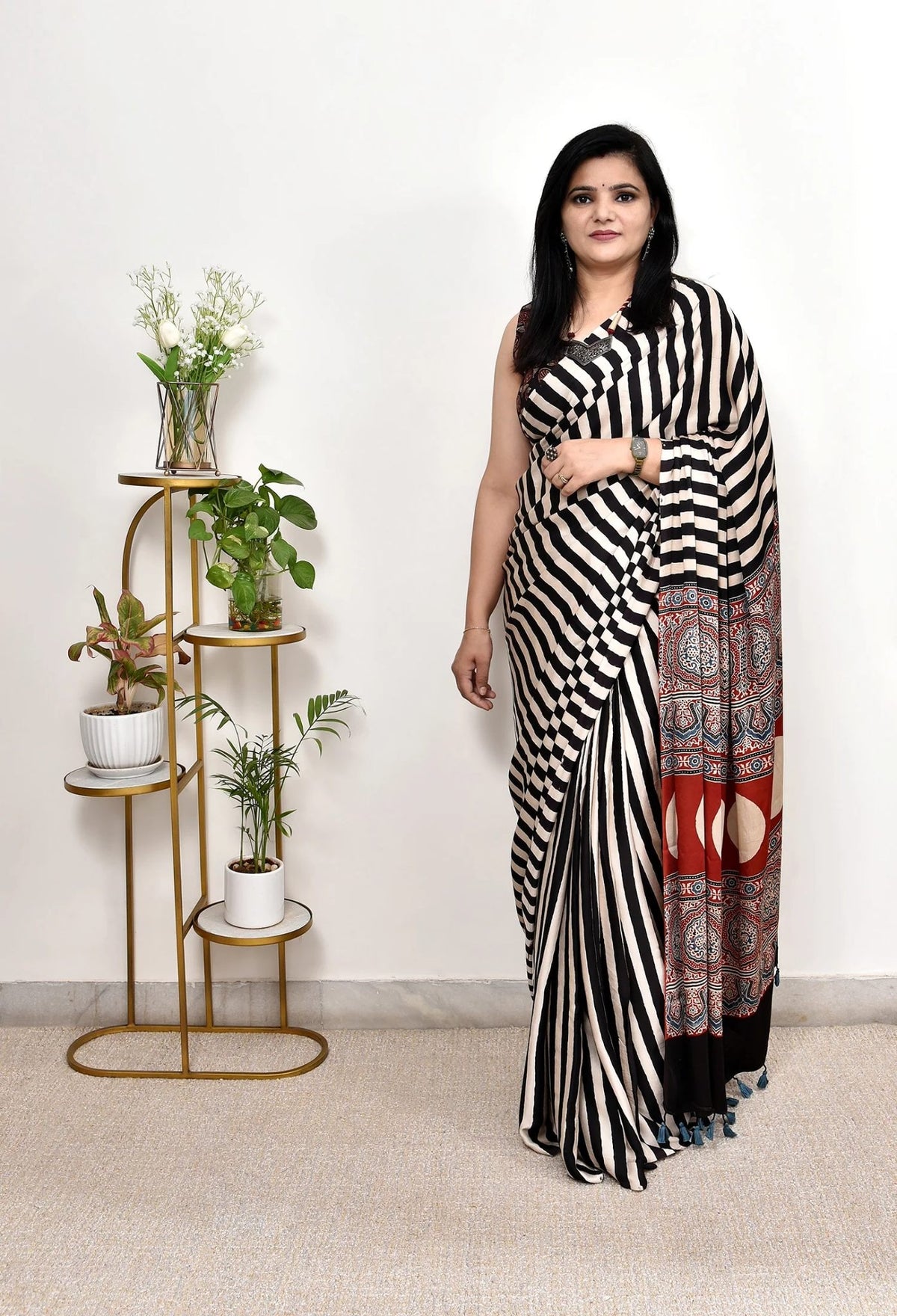 Ajrakh Modal Silk Saree  For Women