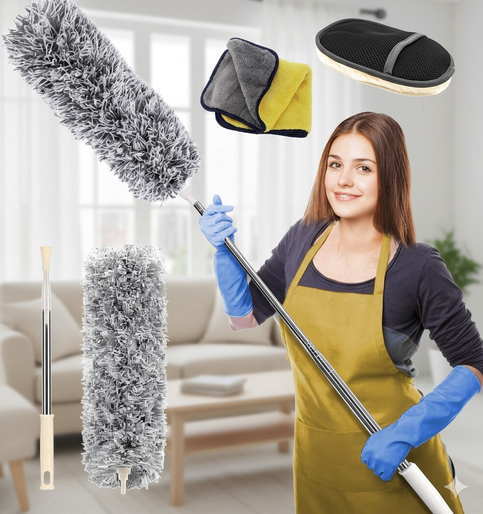 Premium 100-Inch Extendable Microfiber Cleaning Kit – 3-in-1 Set with Bendable Feather Duster, Microfiber Cloth, and Cleaning Mitt for Home, High Ceilings & Car.