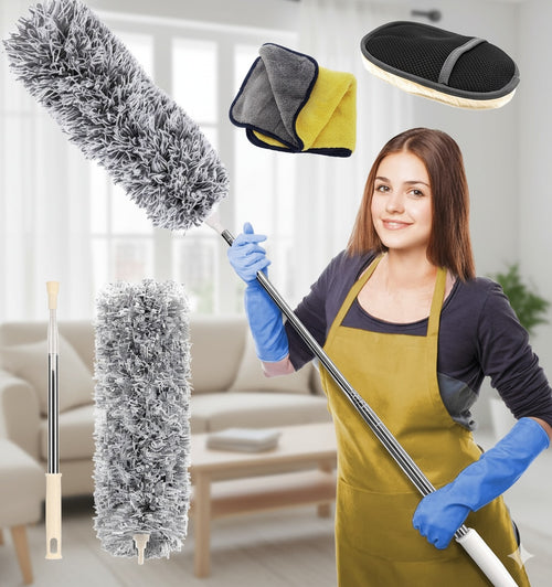 Premium 100-Inch Extendable Microfiber Cleaning Kit – 3-in-1 Set with Bendable Feather Duster, Microfiber Cloth, and Cleaning Mitt for Home, High Ceilings & Car.
