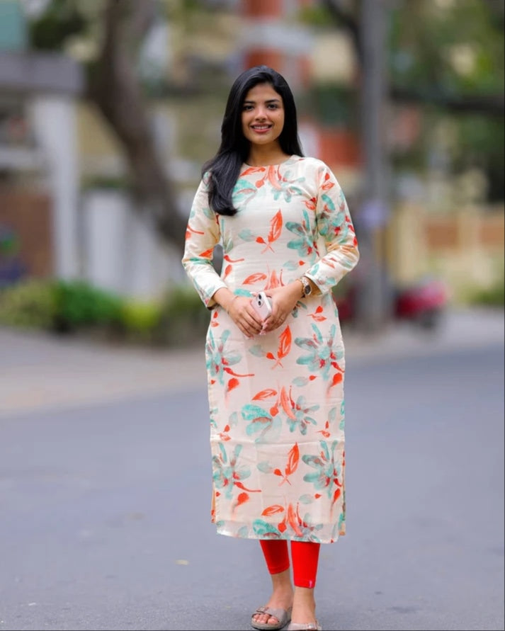 Cream And Orange Printed Cotton Kurti For Women