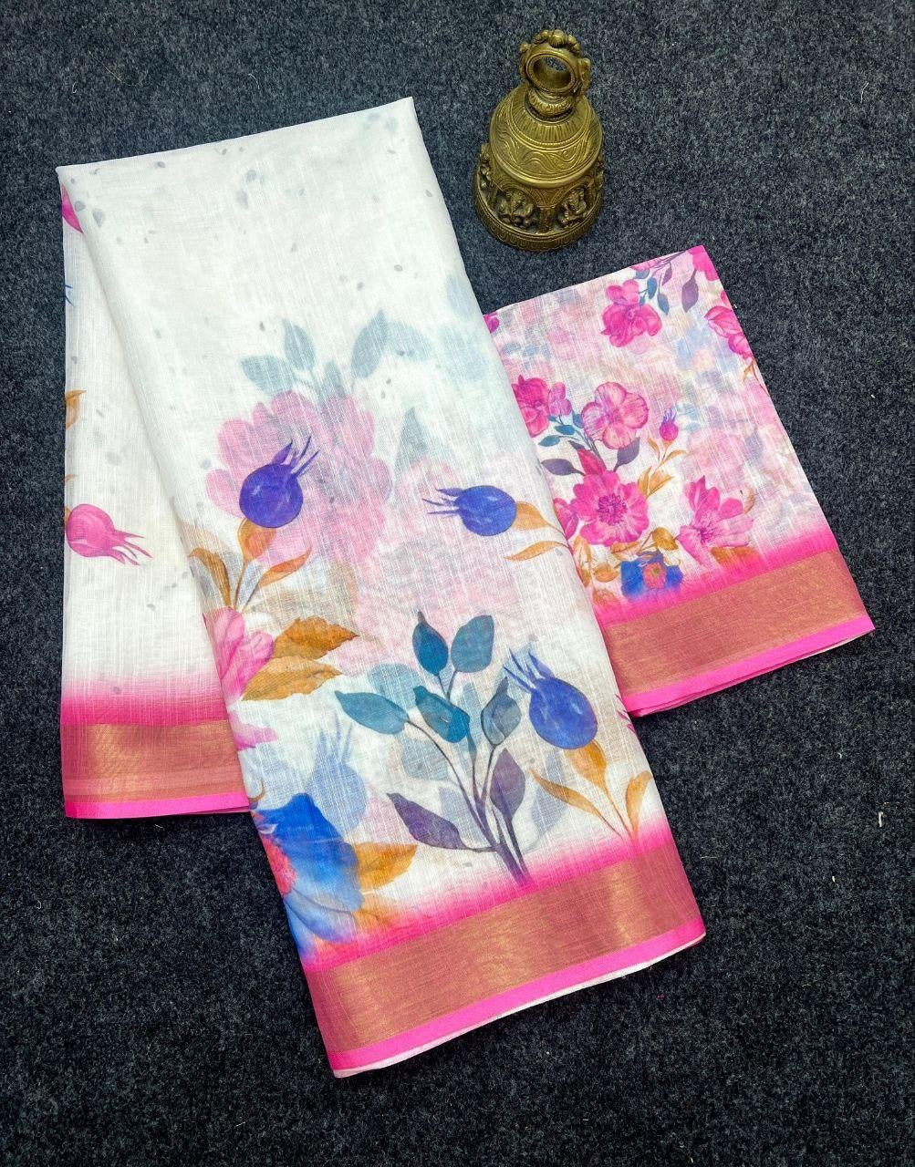 Women's Linen Saree with Digital Print, Floral Pattern, Royal Ethnic Print, with Linen Slub Silk Blouse Piece For Women