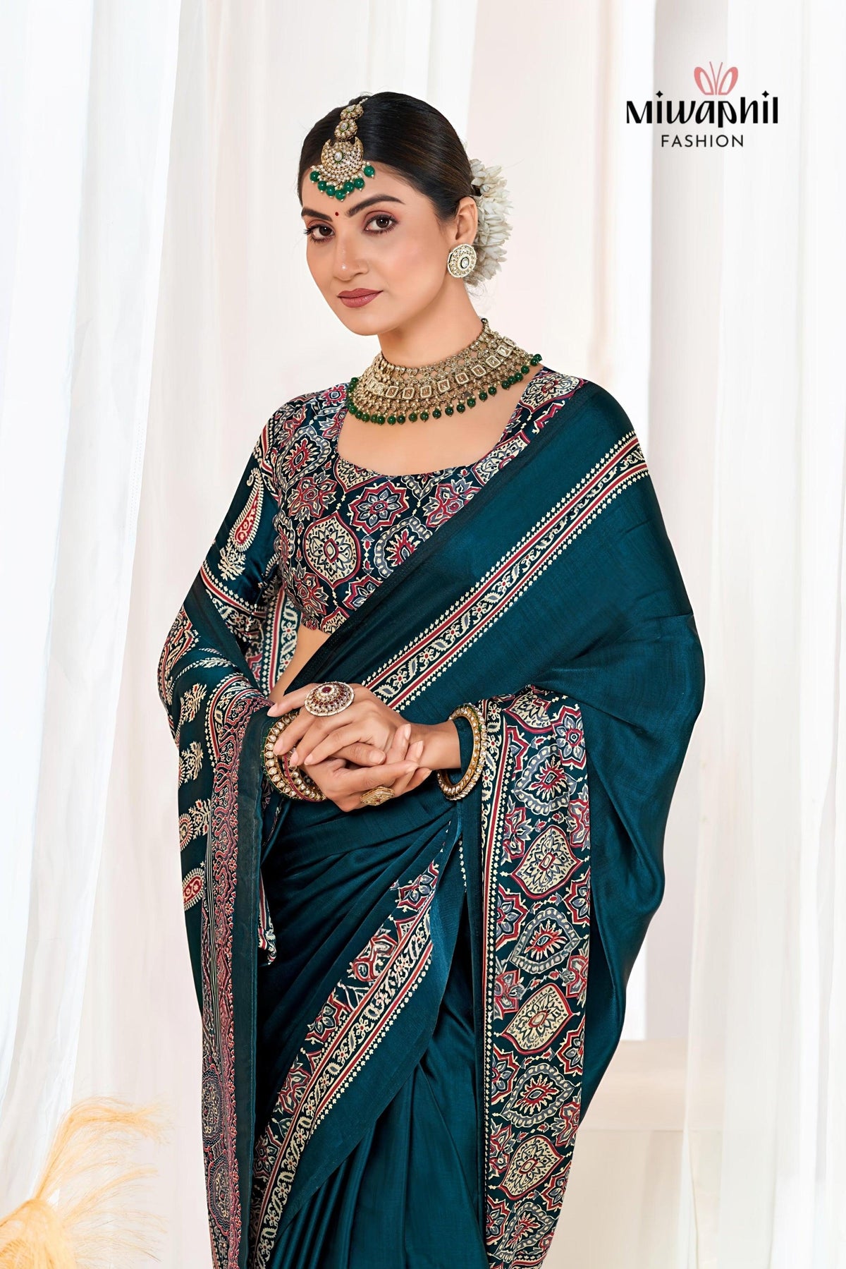 Indigo Morpich Ajrakh Printed Modal Silk Plain Saree With Ajrakh Blouse P6 For Women