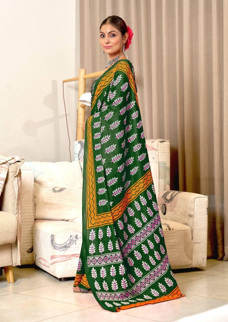 Green Designer Soft Cotton Saree For Women