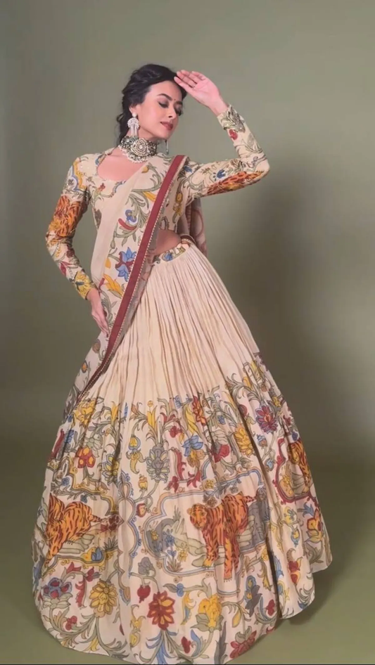 Off White Kalamkari Print Chent Crepe Silk Lehenga Choli Set