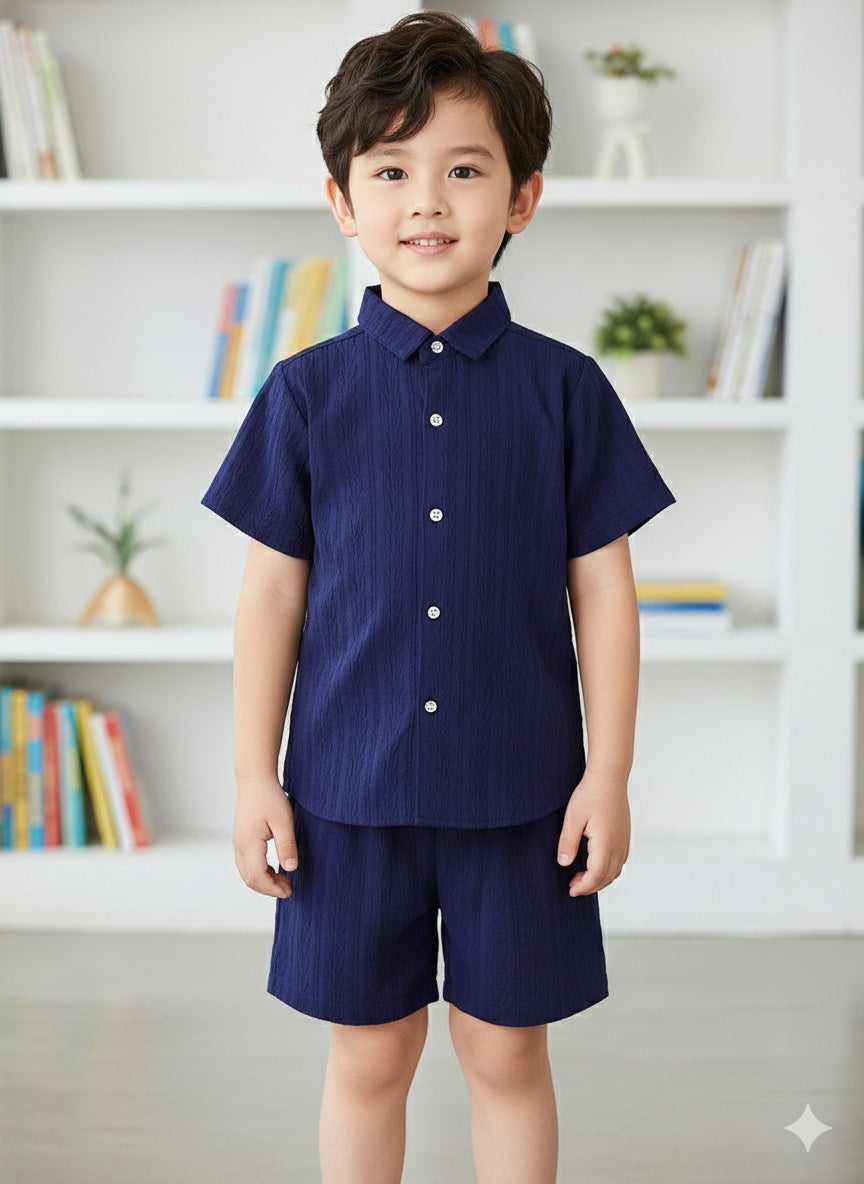 Kids Navy Blue Shirt & Shorts Co-Ord Set