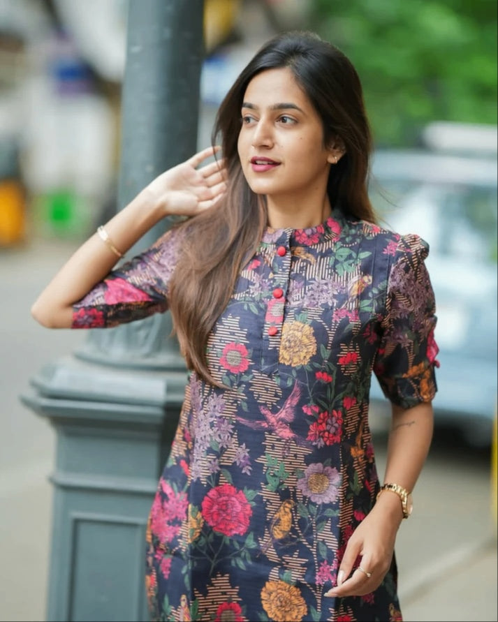 Blue Elegant Floral Printed Cotton Straight Kurti For Women