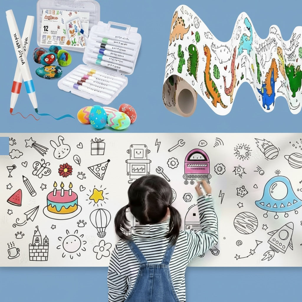 Giant Adhesive Drawing Roll (30 × 300 cm) with 12 Magic Markers (Sketch Pens) | Mess-Free Wall Art Sticker for Kids