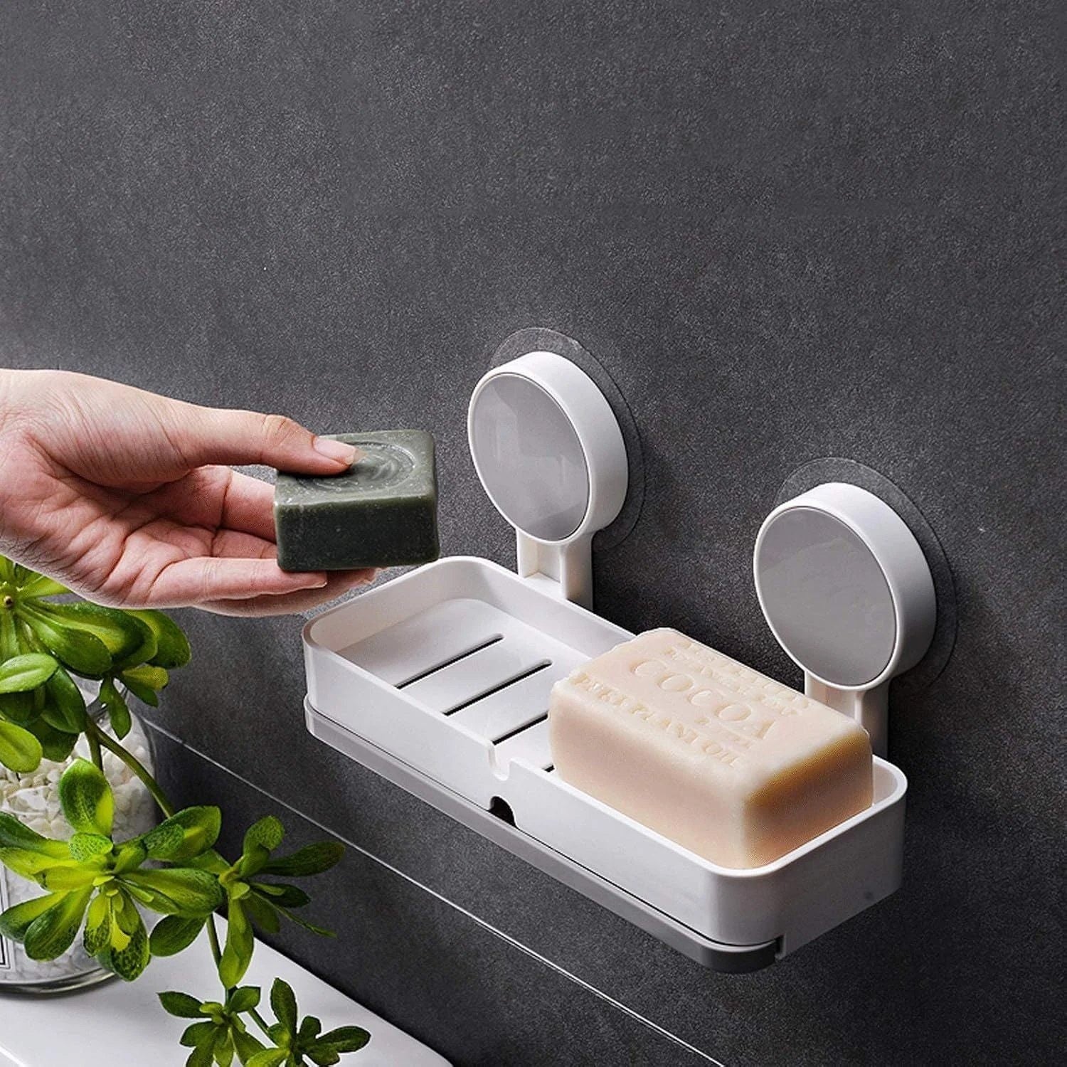 (Pack of 2) Wall Mounted Double Soap Dish Holder with Drain Tray – Self Adhesive Bathroom Soap Stand