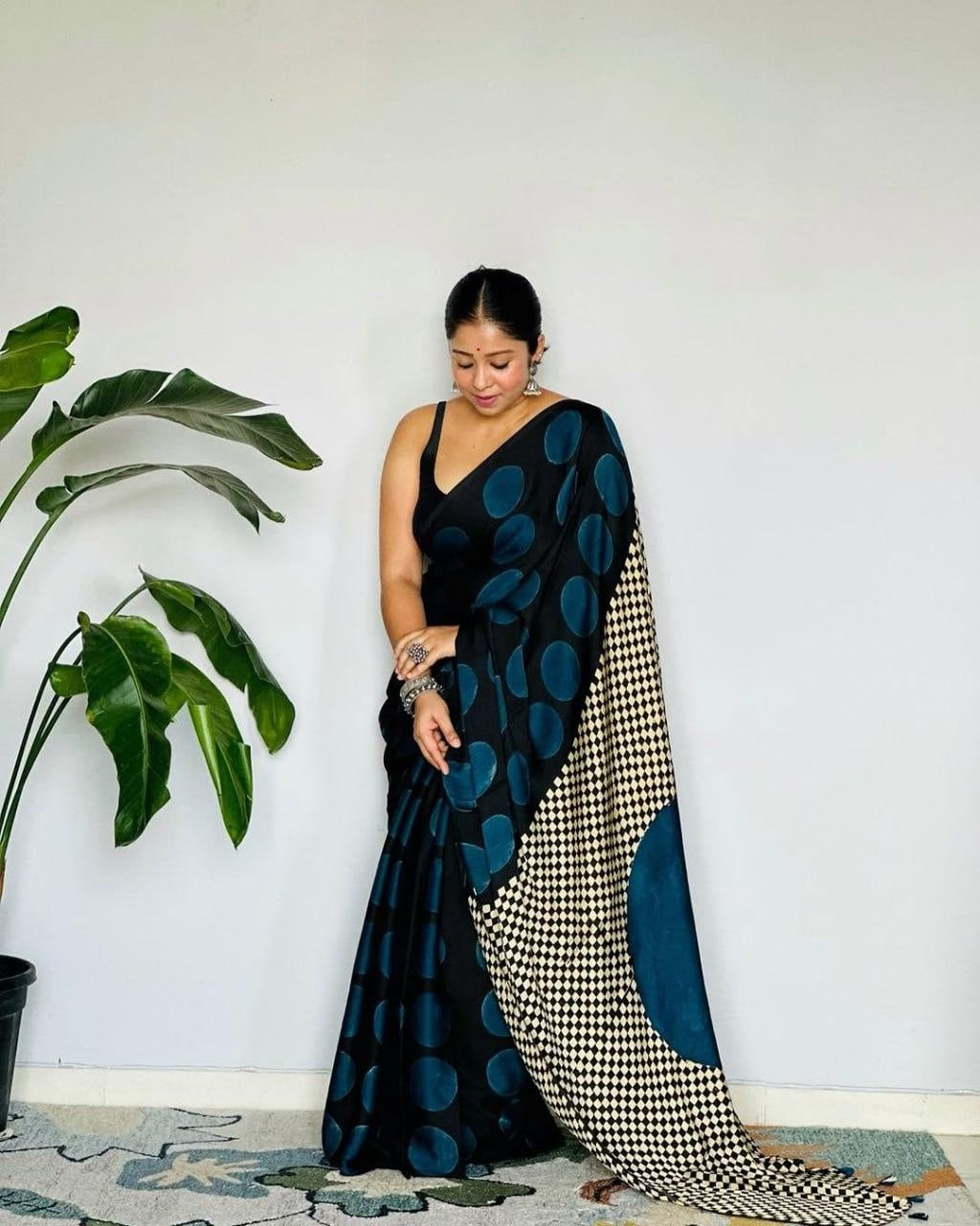 Blue Black Line Ajrakh Primum Modal Silk Saree With Blouse For Women