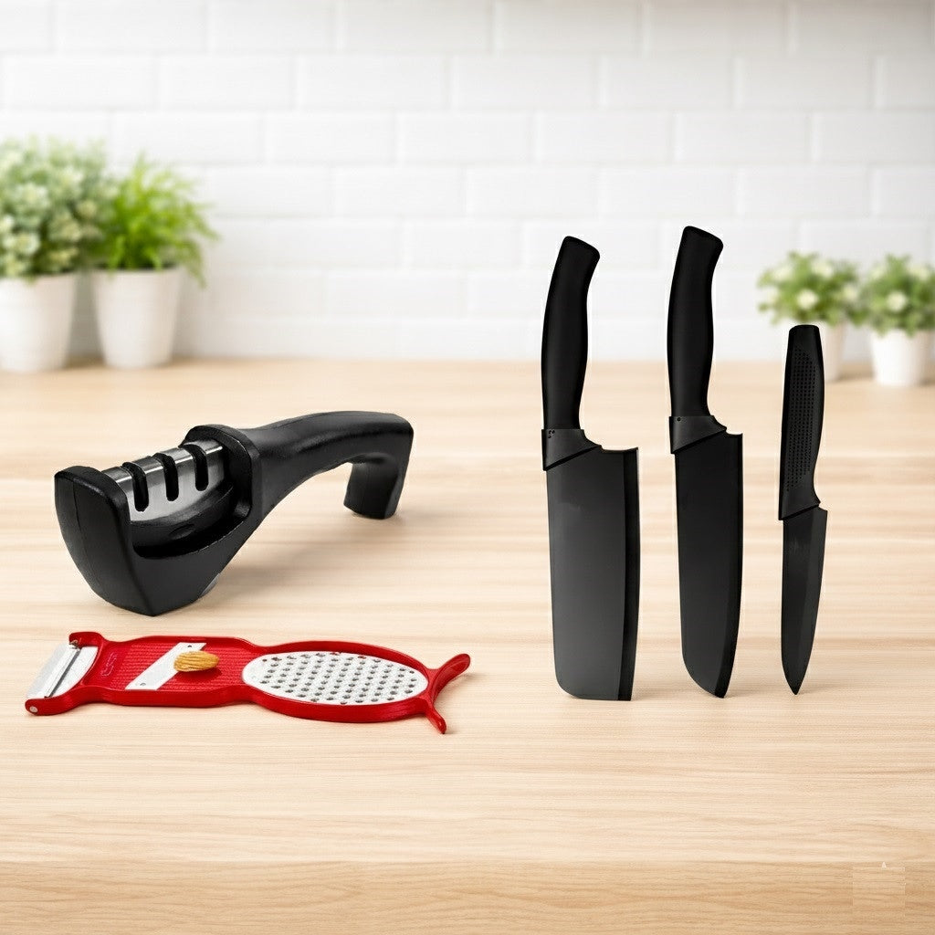 3-Piece High-Carbon Knife Set with Protective Sheaths, 4-in-1 Multi-Functional Red Peeler