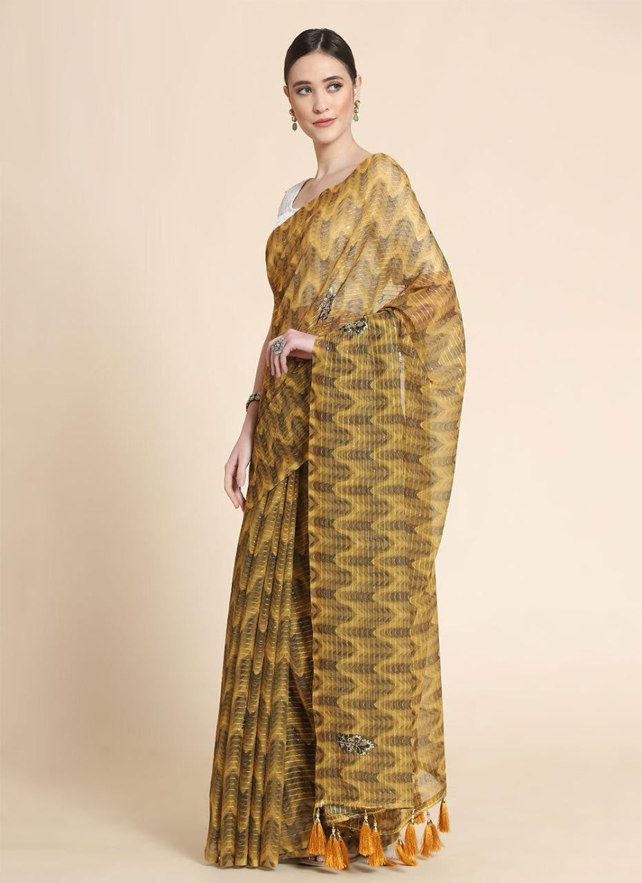 Yellow Sequence Work Saree For Women
