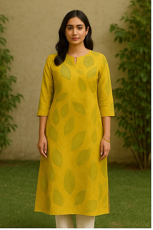 Mustard Leafy Elegance Straight Kurti For Women