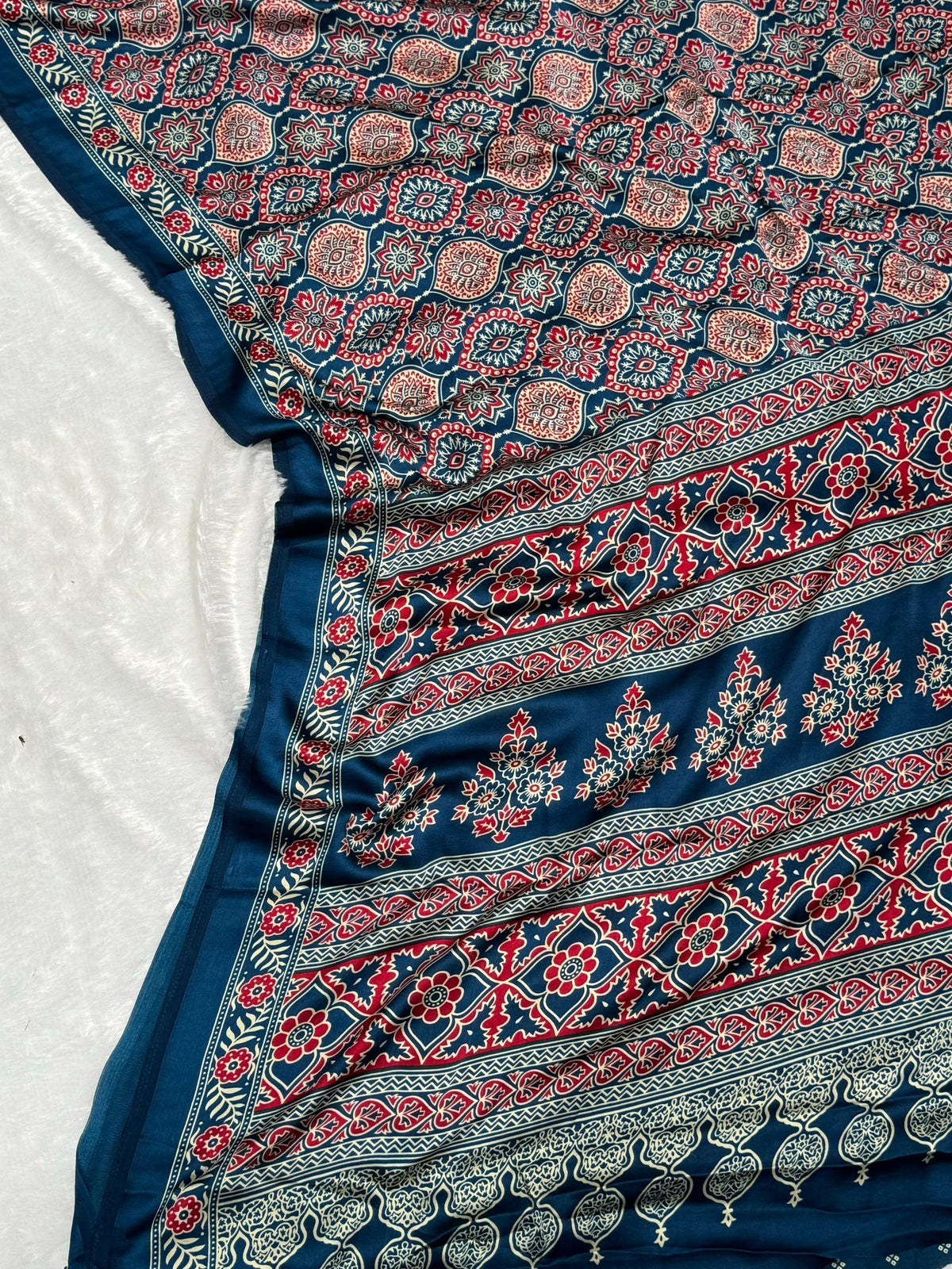 Indigo Morpich Ajrakh Printed Soft Modal Silk Natural Print Saree P2 For Women