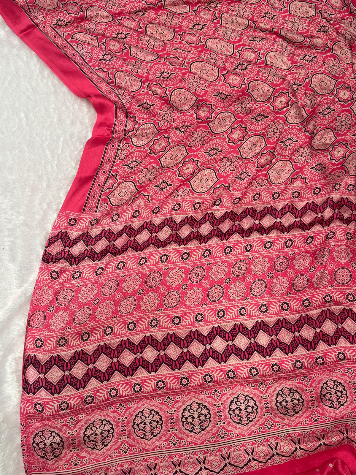Pink Ajrakh Hand Block Modal Silk Saree With Fancy Ajrakh Pallu For Women