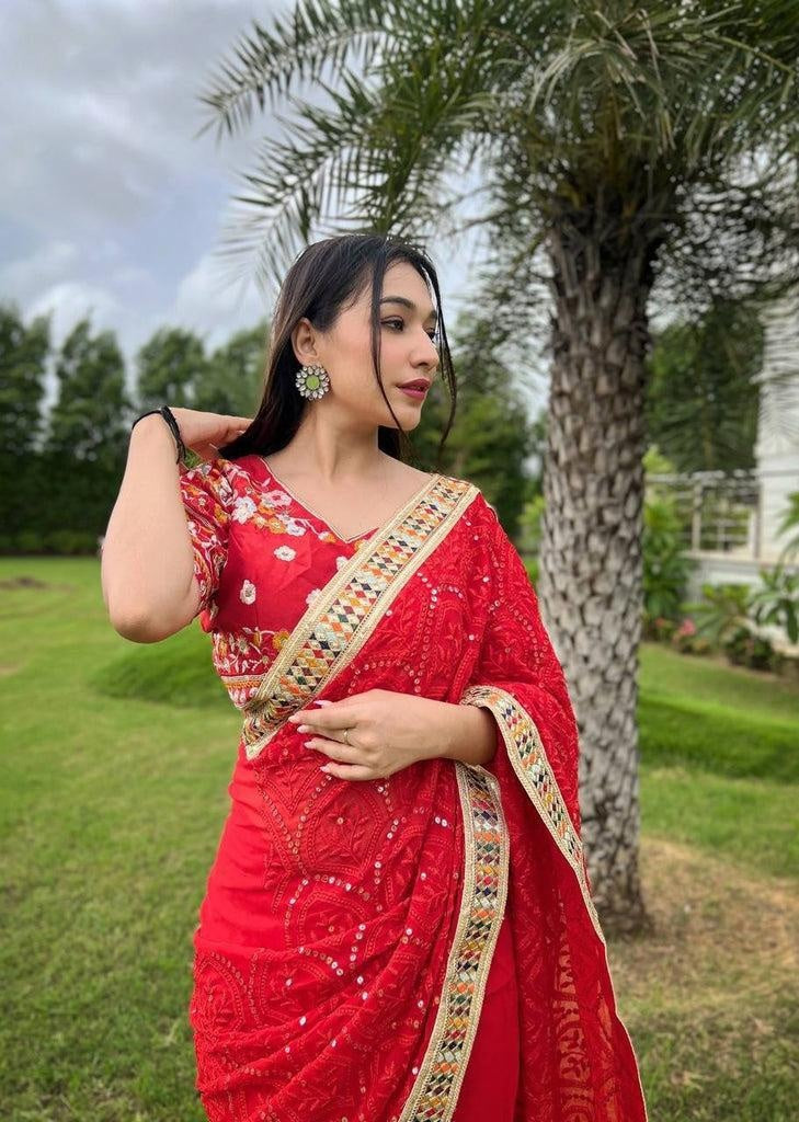 Heavy Fox Georgette With Multi + Thread Coding Embroidery & 3/5.MM Sequence In Pallu_Skirt Work Saree And Embroidery Multi Colour Lace Work For Women