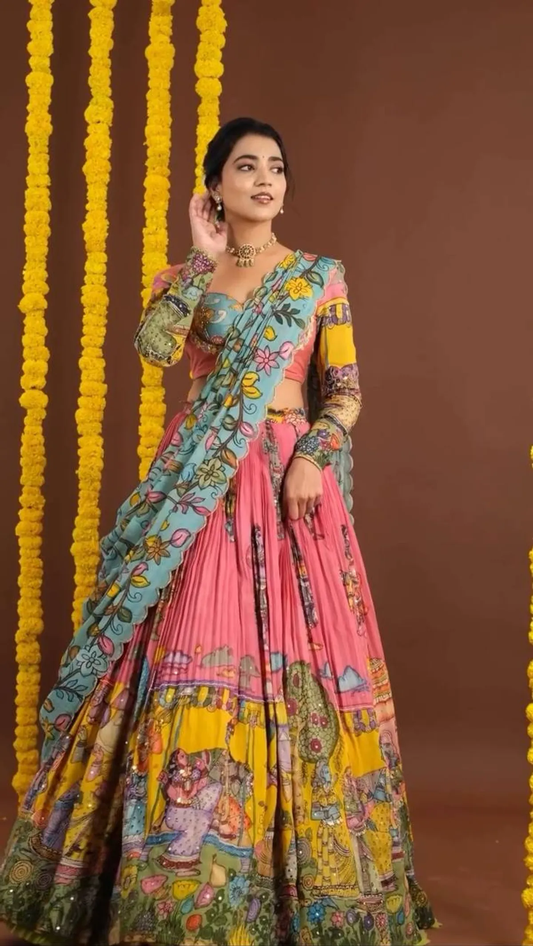 Kalamkari Floral Lehenga Choli With Dupatta.