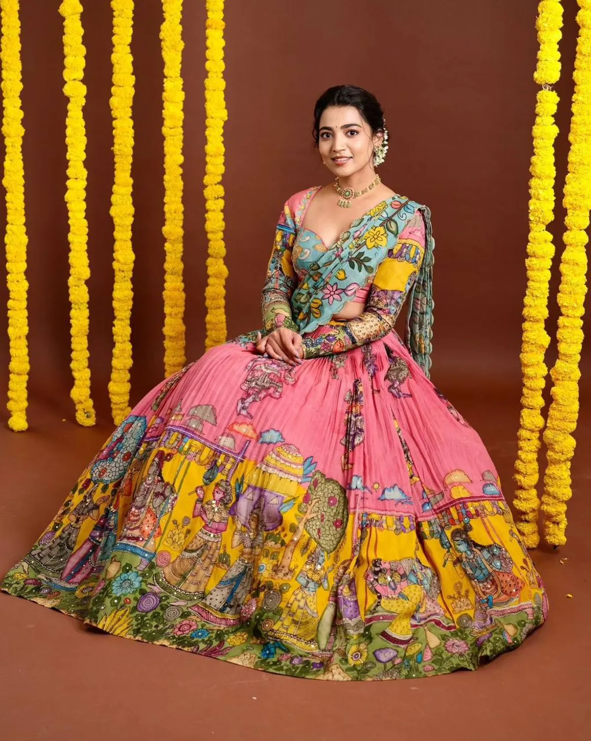 Kalamkari Floral Lehenga Choli With Dupatta.