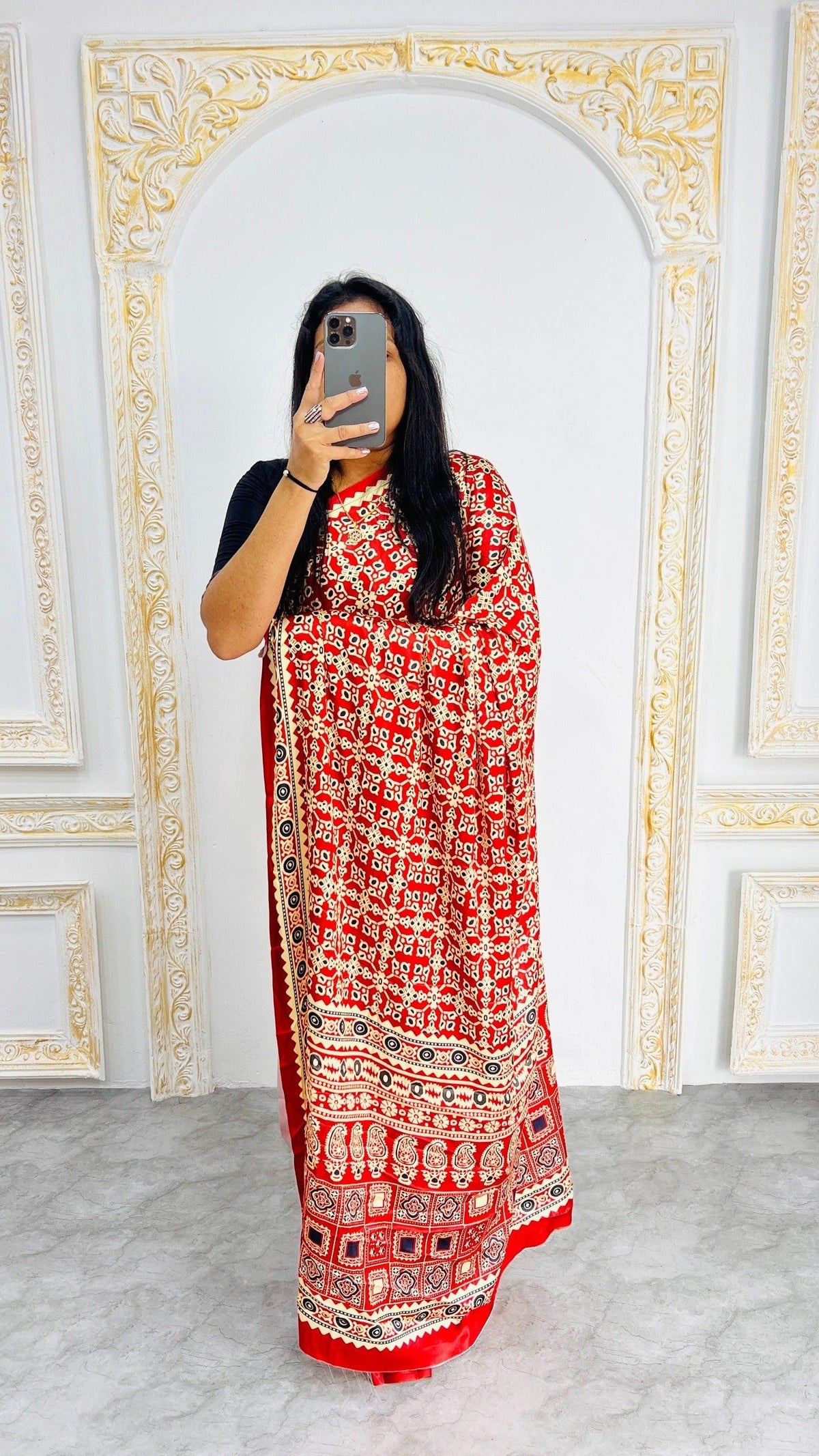 Red Ajrakh Primum Modal Silk Saree With Blouse For Women