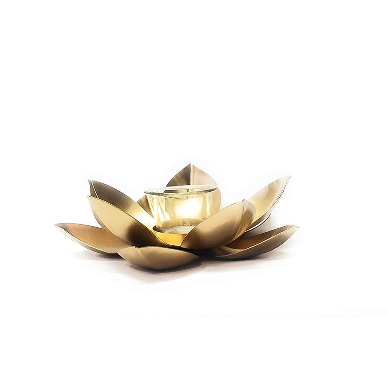 Golden Metal Lotus Shape Tealight Holder with Glass (CS-2385909)