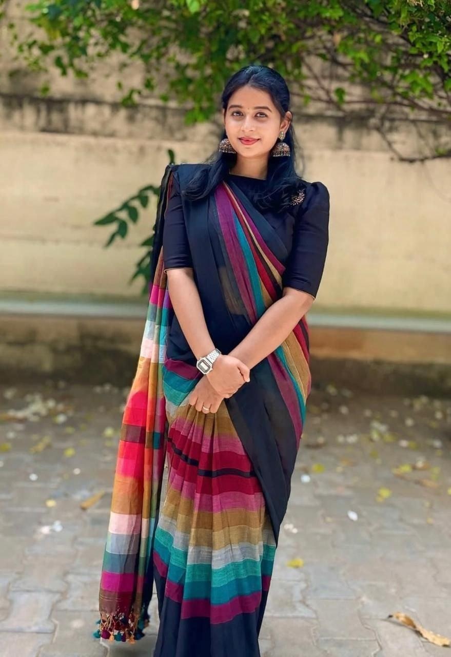 Plain Linen Saree with Multicolor, Black with Rainbow Stripes For Women