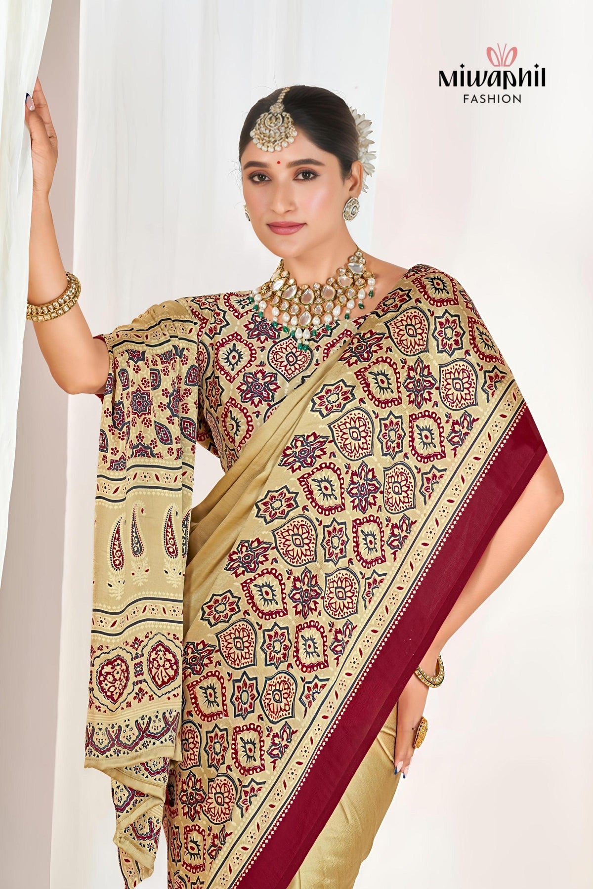 Cream Ajrakh Printed Modal Silk Plain Saree With Ajrakh Blouse P6 For Women