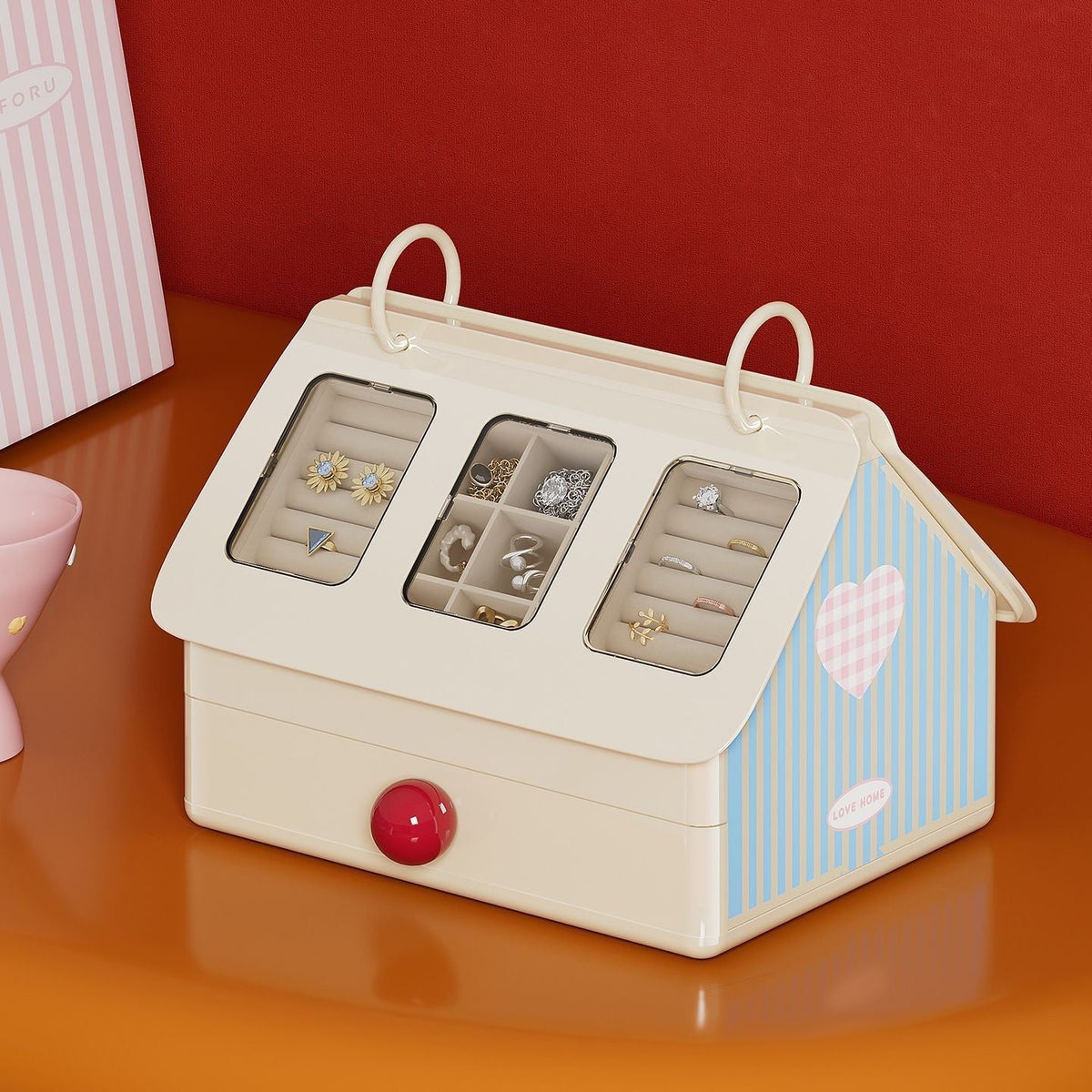 House-Style Multi-Compartment Jewelry Box with Transparent Window