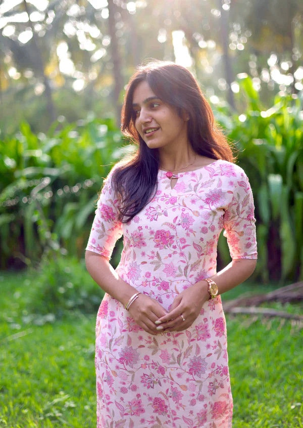 Pink Comfort Fit Flower Kurti For Casual Wear For Women