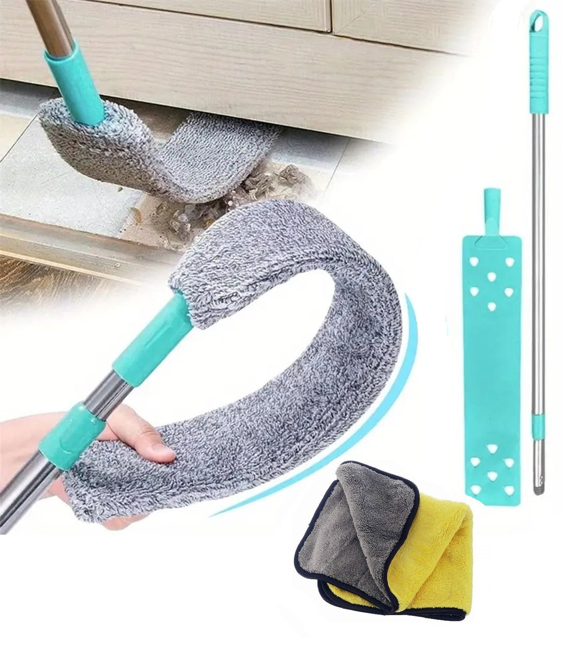 Flexible Gap Cleaning Mop with Washable Microfiber Cloth Towel Napkin| Bendable Flat Mop for Under Bed, Sofa, Cabinet & Narrow Space Dust Cleaning Tool Set