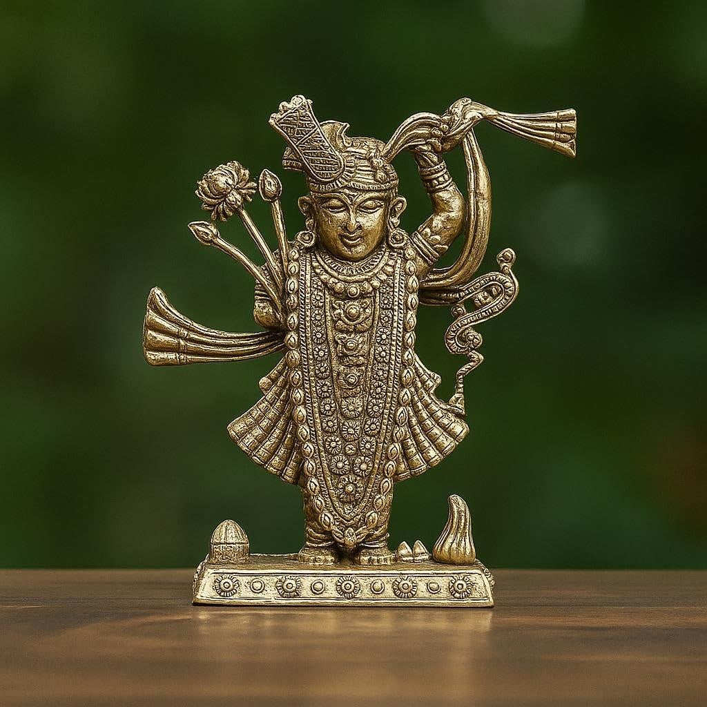 3 Inch Brass Shreenathji Idol | Nathdwara Krishna Murti for Home Temple & Spiritual Décor