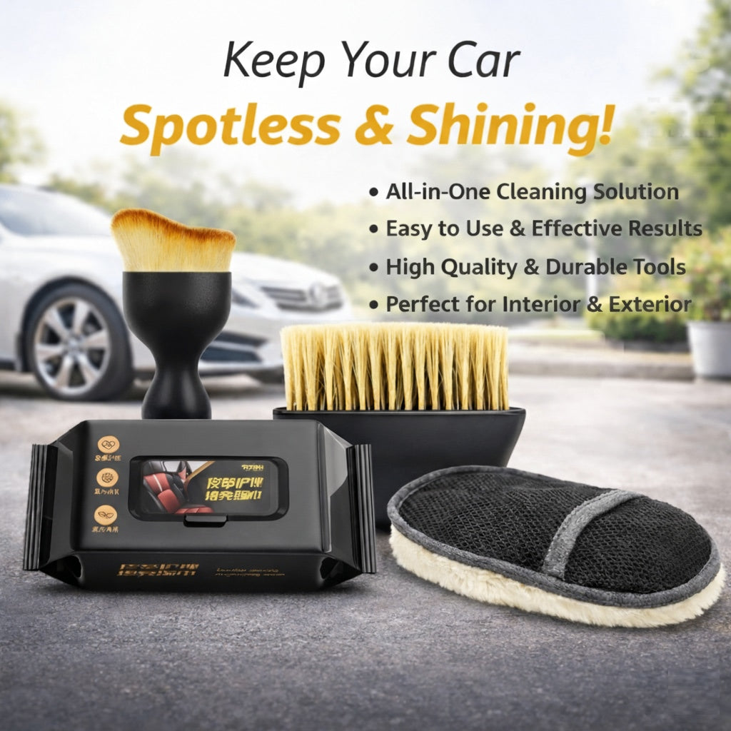 Premium 4-in-1 Car Detailing Kit – Professional Interior & Exterior Cleaning Set including Ultra-Soft Detail Brushes, Microfiber Wash Mitt, and Dashboard Cleaning Wipes