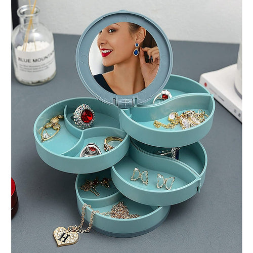 Jewellery Organiser Box Rotating with Mirror Portable Storage Box Multi Layers for Rings, Earrings, Necklace, Multicolor (CLS-156388363)