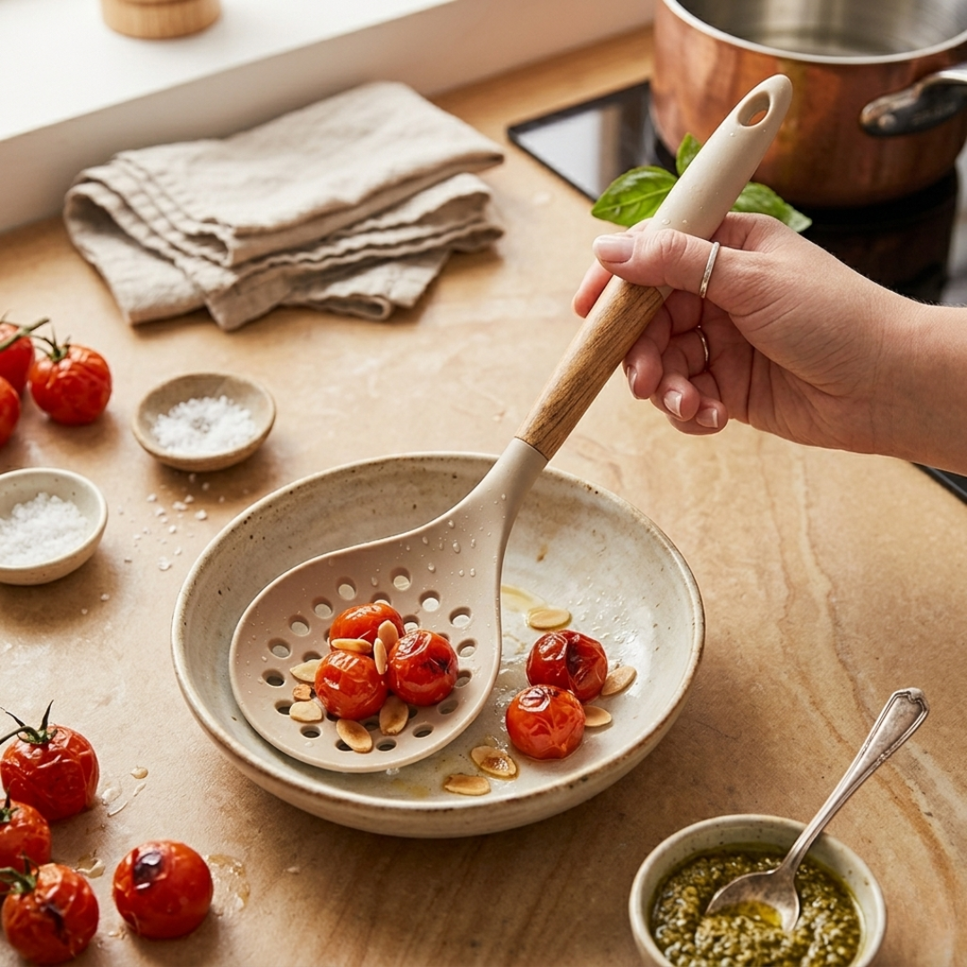 Wooden Handle Slotted Ladle for Cooking & Serving