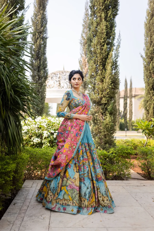 Kalamkari Print Lehenga Choli with Full Sleeves and Lace Border Dupatta