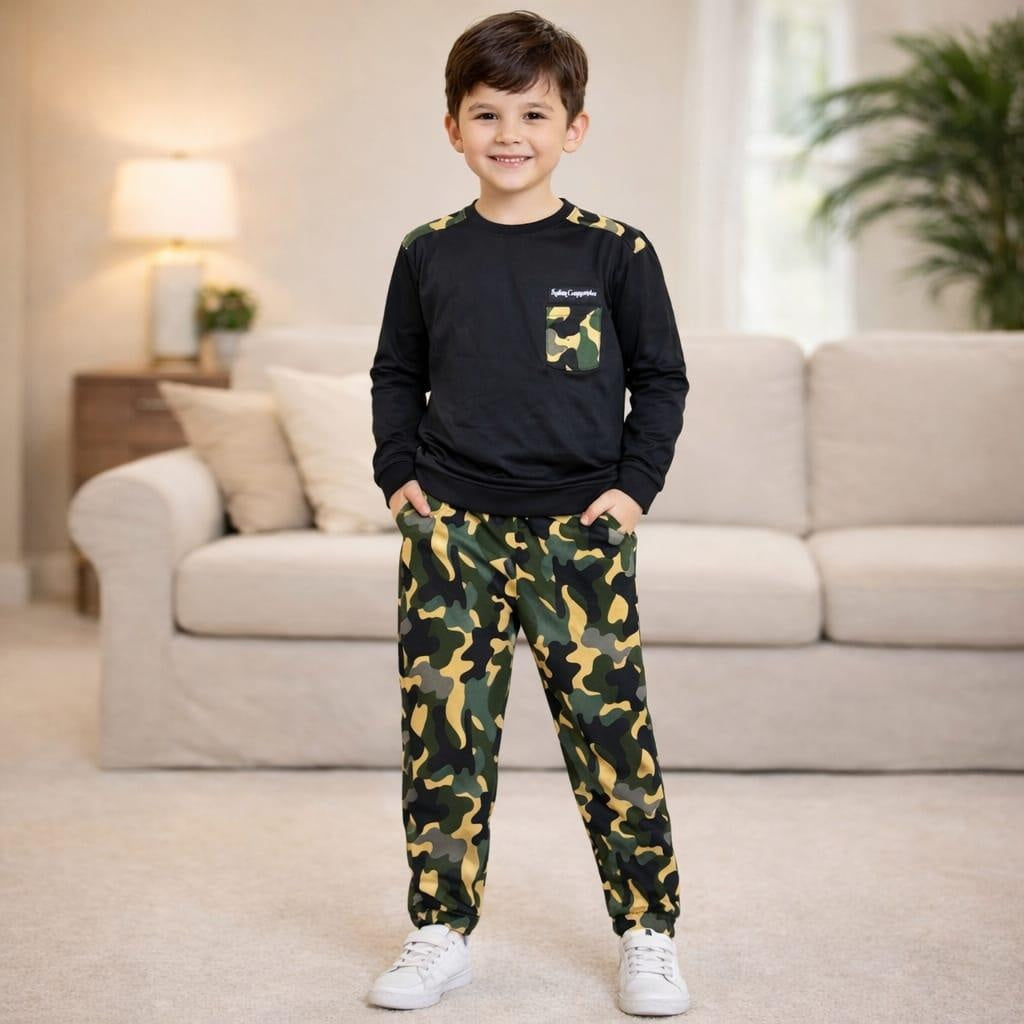 Black & Olive Green Camo Print Full Sleeve Co-ord Set for Boys