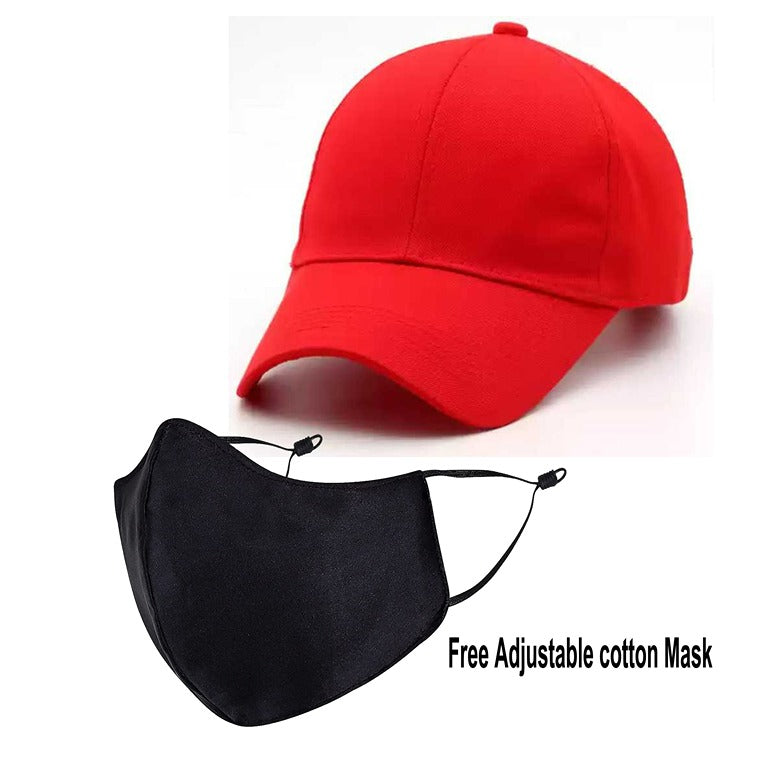 Classy Plain Cotton Cap With Mask – Red (KK-2306410)