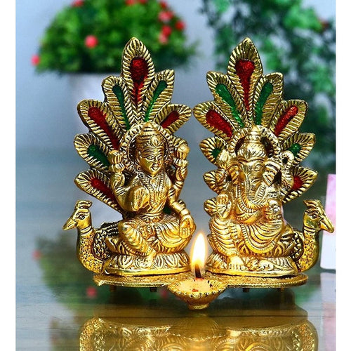 Laxmi Ganesh Idol Statue with Diya Peacock Showpiece (CS-1720030)