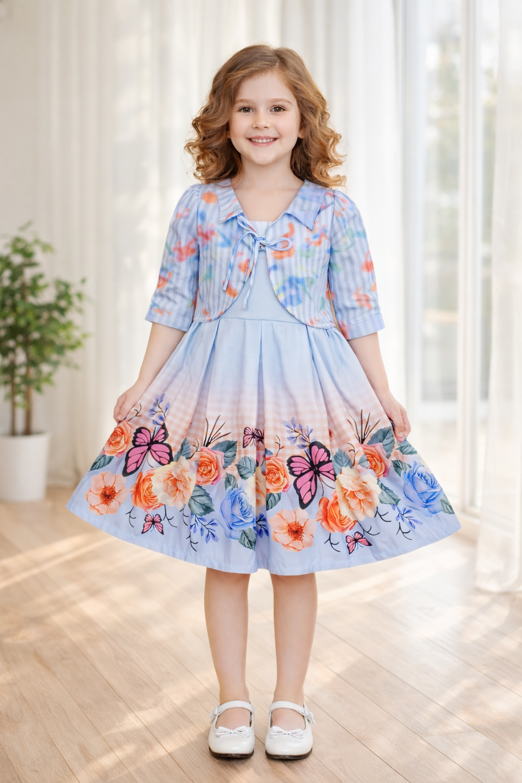 Blue Blossom Butterfly Print Girls Dress