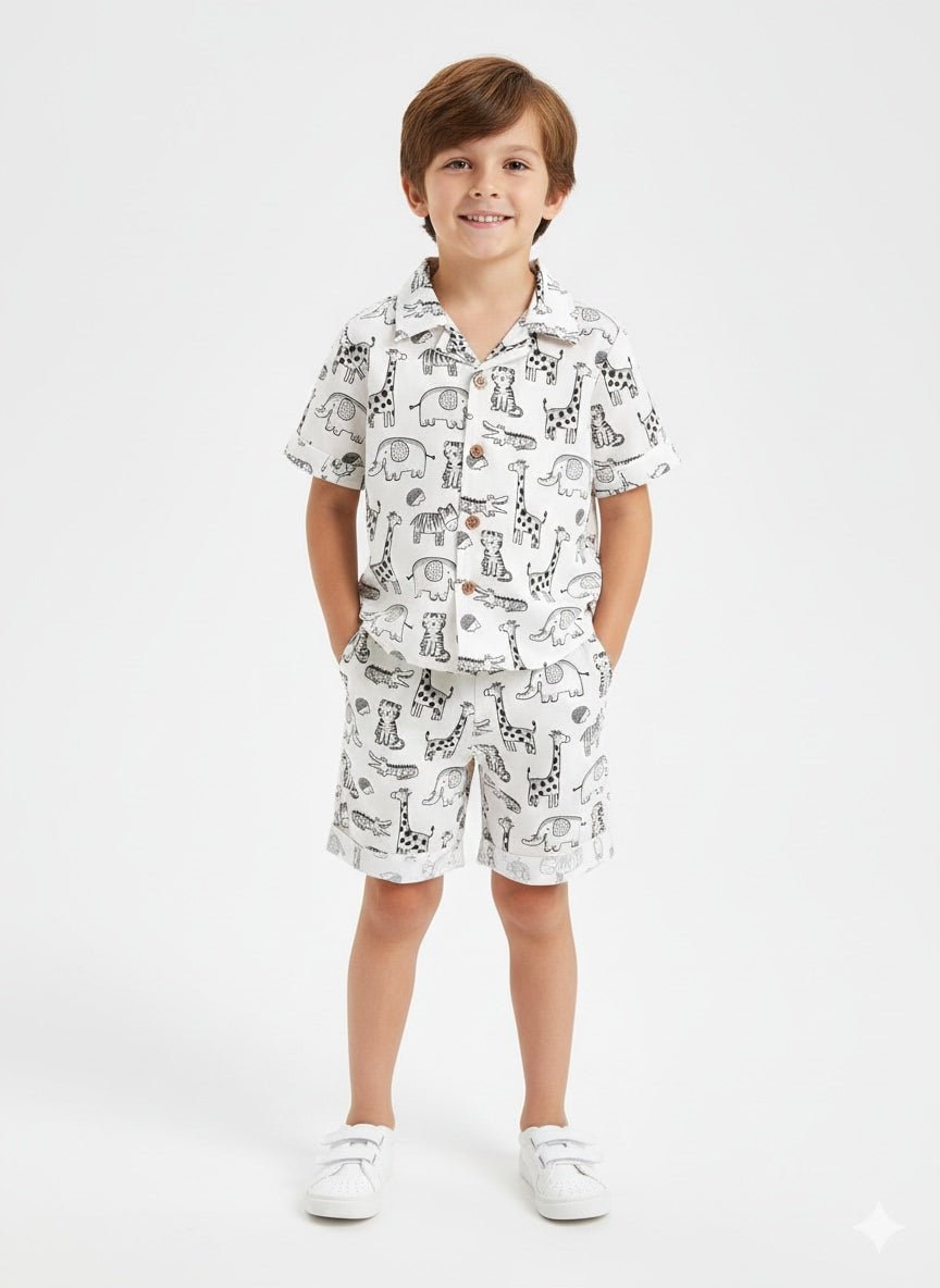 Boys Cute Animal Print Shirt & Shorts Co-Ord Set