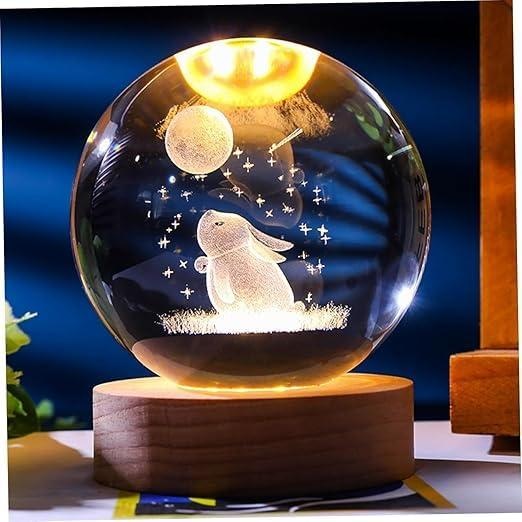 3D Crystal Ball LED Night Lamp with Wooden Base – Rabbit Design