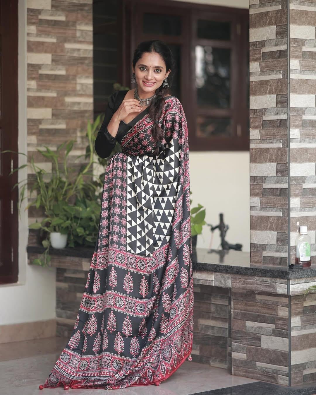 Maroon Black Ajrakh Primum Modal Silk Saree With Blouse For Women
