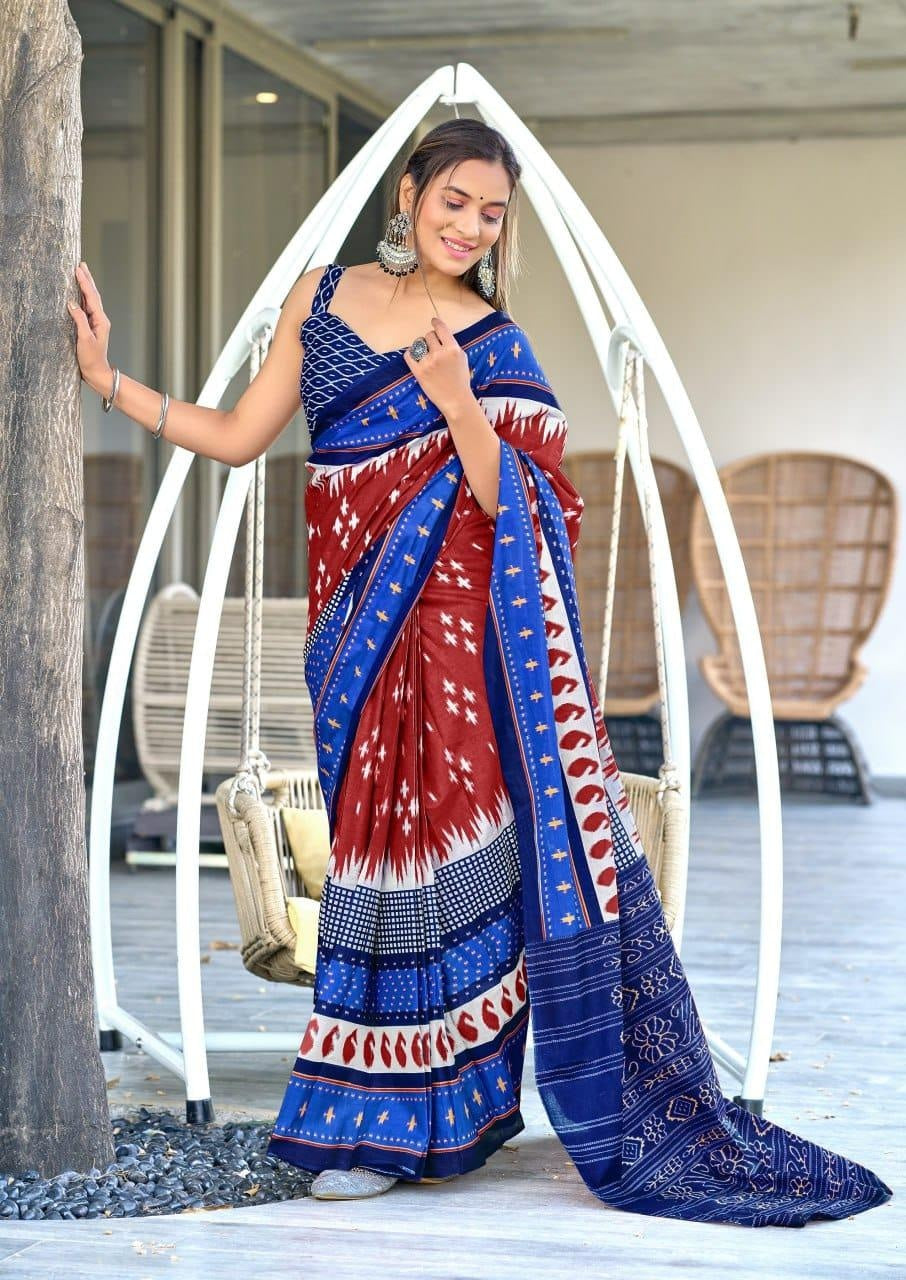 Maroon Blue Designer Soft Cotton Saree For Women