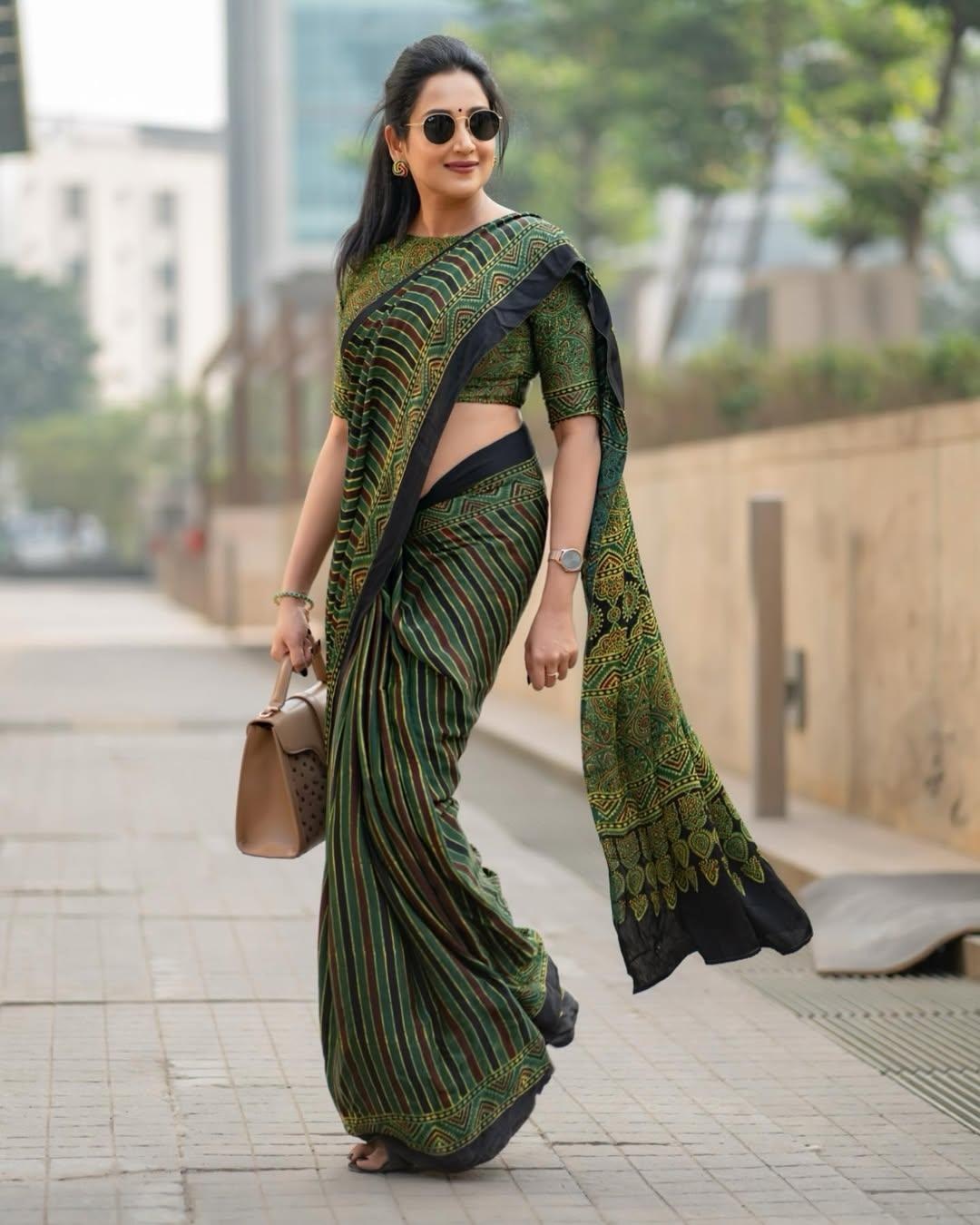 Green Line Ajrakh Primum Modal Silk Saree With Blouse For Women