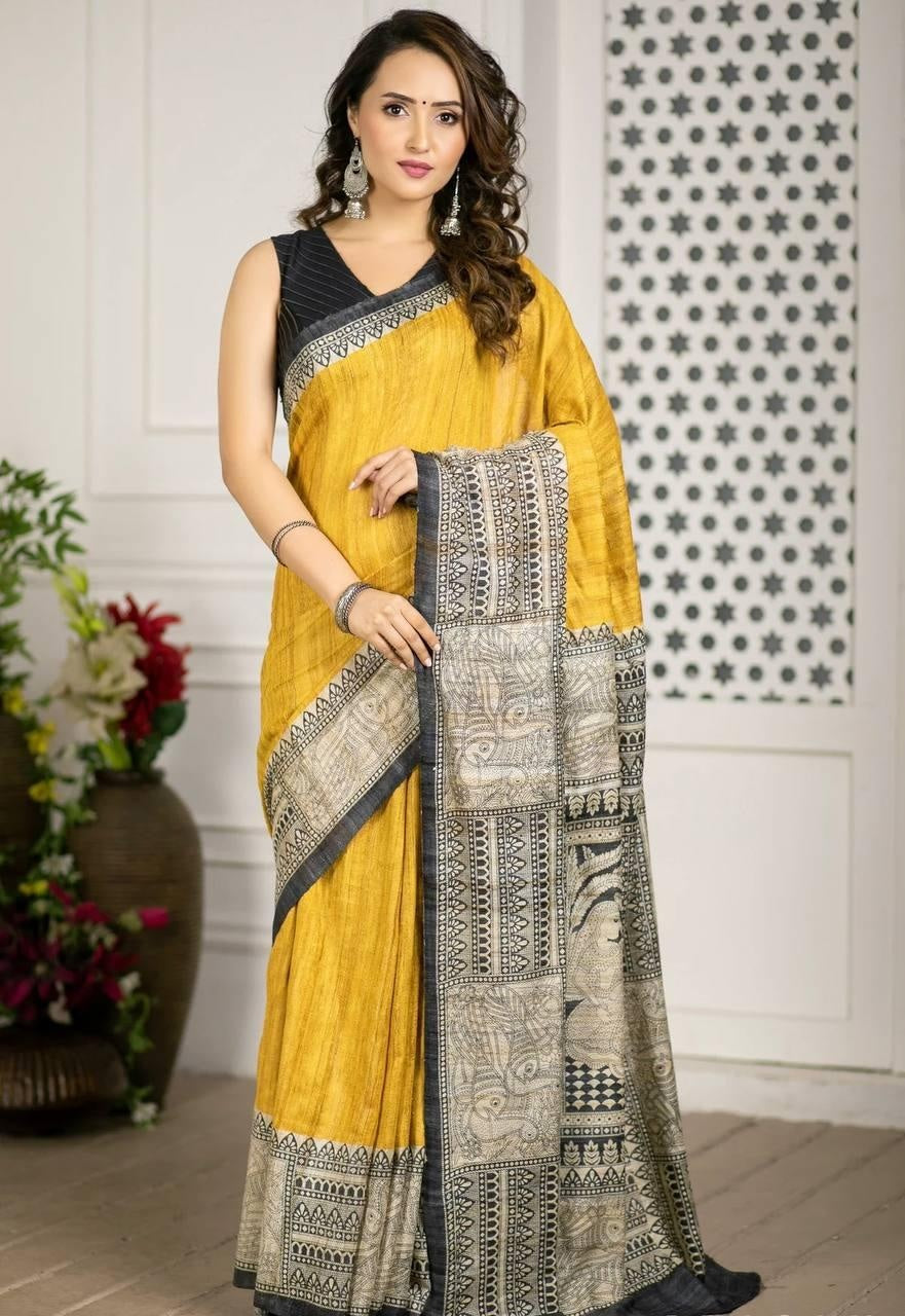 Mustard Yellow Silk Printed Block Print Saree For Women