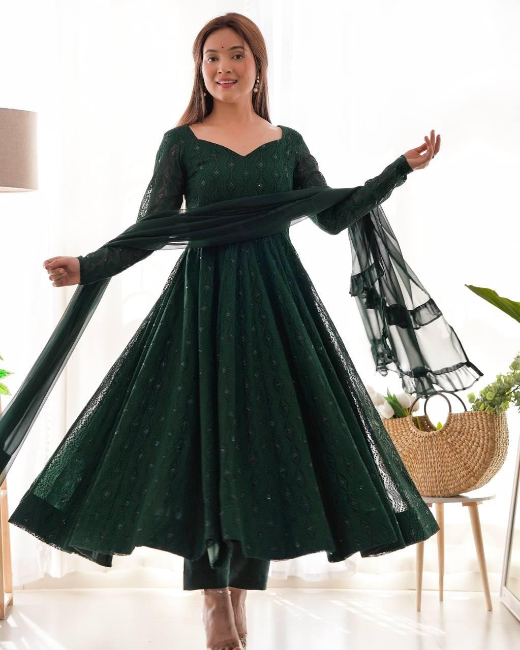 Dark Green Georgette Lukhnowi Sequence Work Anarkali Salwar Suit