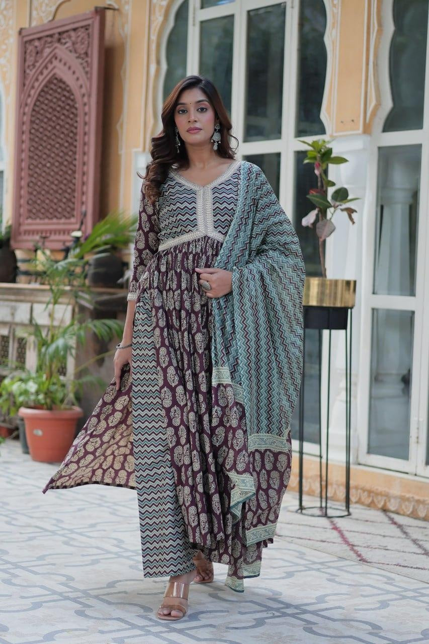 Wine Pure Cotton Readymade Kurti With Pant Dupatta Set